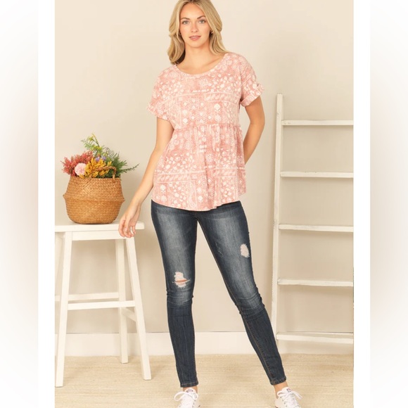 FSL Apparel | Babydoll Rolled Sleeve Tee Blouse‎ Boho Print - Picture 5 of 11